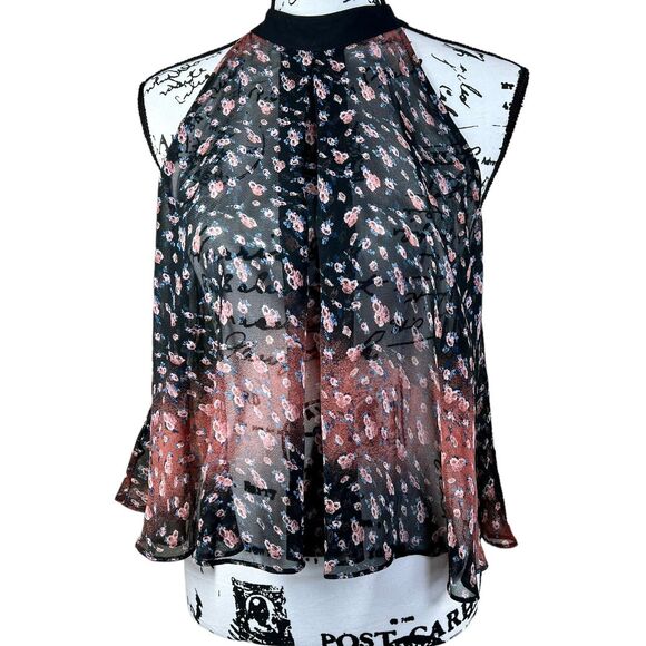 BCBGeneration Black top Pink Sheer Floral Garland Neck Tunic Tank Blouse size S - Picture 1 of 14